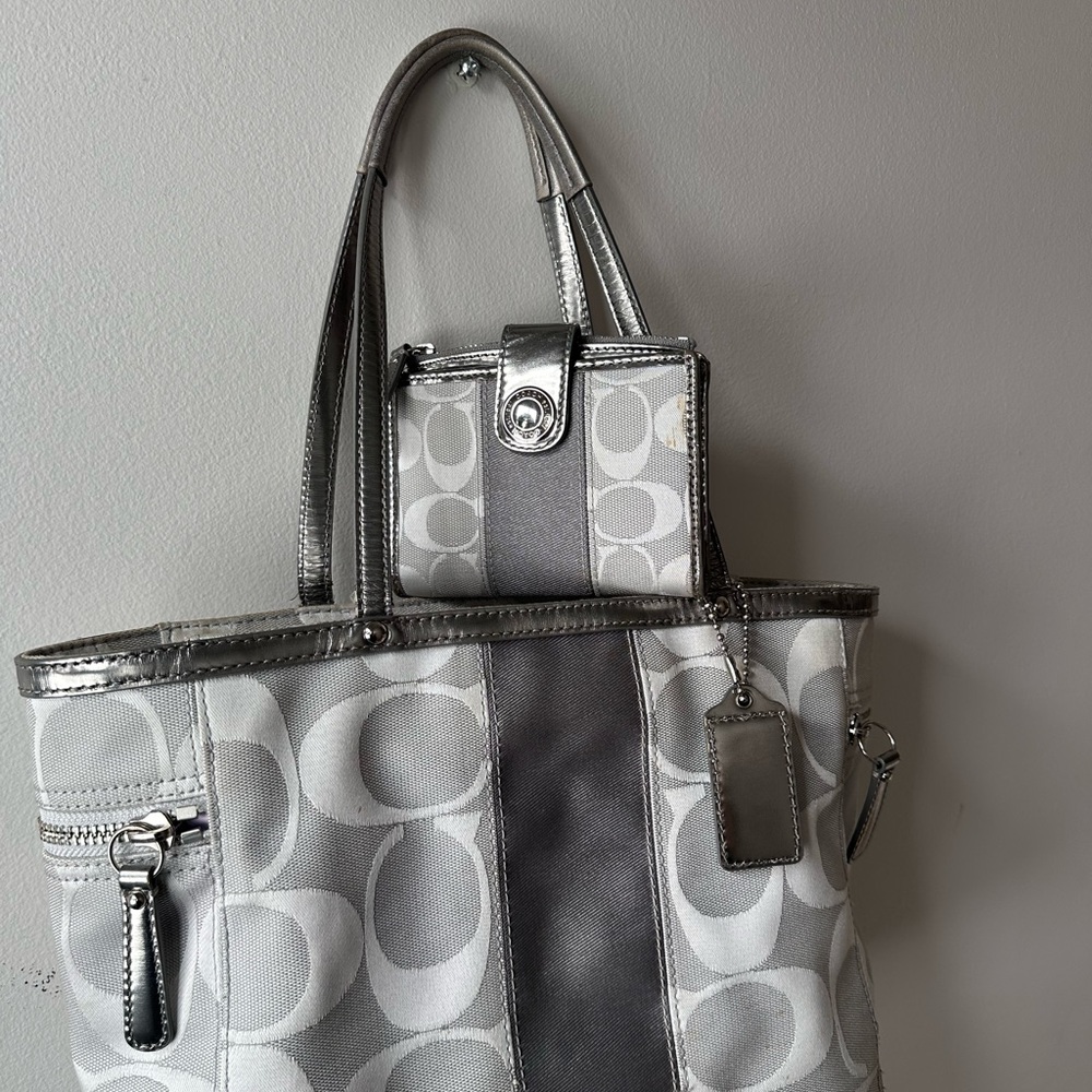 Coach Metallic Silver and Grey Mini Tote & Matching Wallet